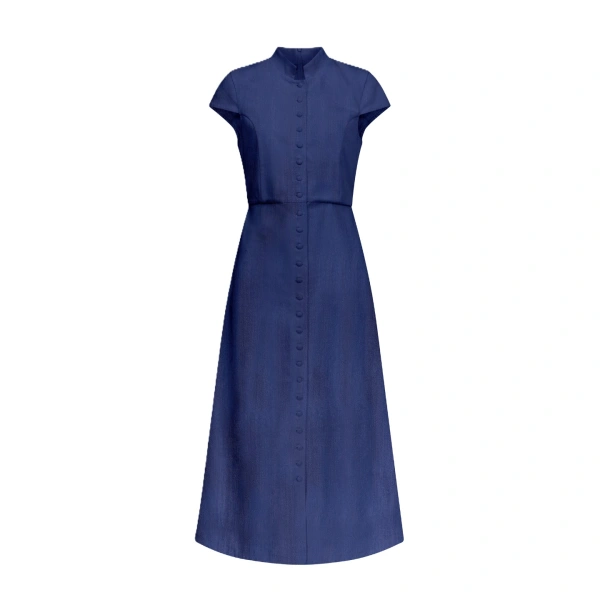Destree Blue Denim Midi Dress With Mandarin Collar And Short Sleeves