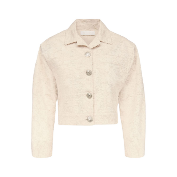 Ivory Cropped Cotton Jacket With Textured Thread Finish