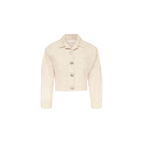 Ivory Cropped Cotton Jacket With Textured Thread Finish