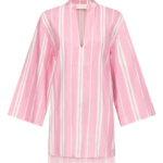 Destree Pink Striped Cotton Tunic With Split Neckline And Wide Sleeves - Destree - Graphic Parisian Fashion - Shop at Coveti