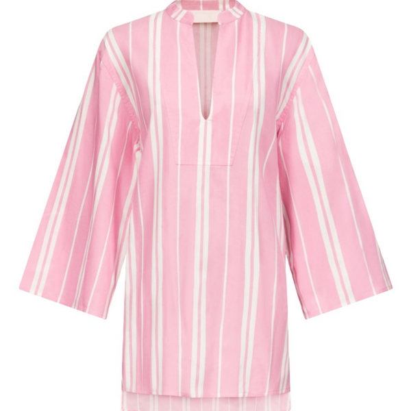 Destree Pink Striped Cotton Tunic With Split Neckline And Wide Sleeves - Destree - Graphic Parisian Fashion - Shop at Coveti