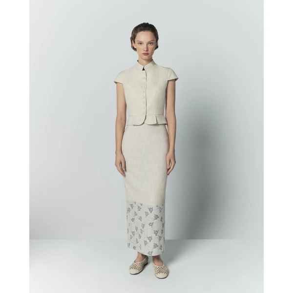 Destree Warm Grey Midi Skirt With Printed Hem - Destree - Graphic Parisian Fashion - Shop at Coveti