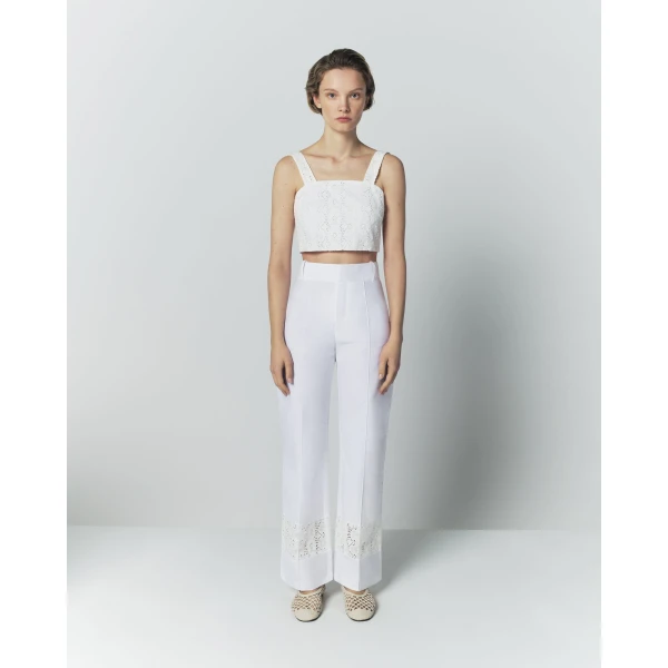 Destree White Cotton Flared Pants With Embroidered Panel Details - Destree - Graphic Parisian Fashion - Shop at Coveti