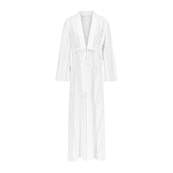 White Embroidered Cotton Maxi Dress With Tie Waist Detail