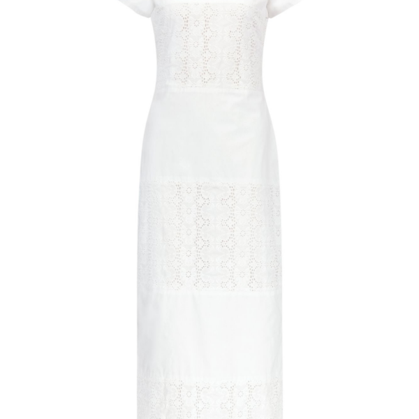 White Embroidered Cotton Poplin Long Dress With Mandarin Collar