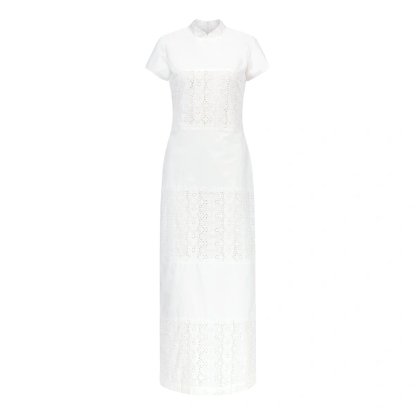 Destree White Embroidered Cotton Poplin Long Dress With Mandarin Collar