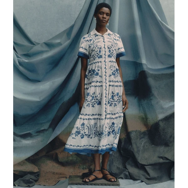 Erdem Botanical Print Cotton Linen Tiered Midi Shirt Dress - Dresses - British Romantic Luxury at Coveti