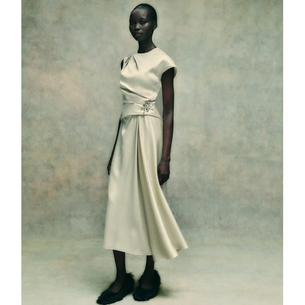 Erdem Embellished Satin Cady Draped Midi Dress - Dresses - British Romantic Luxury at Coveti