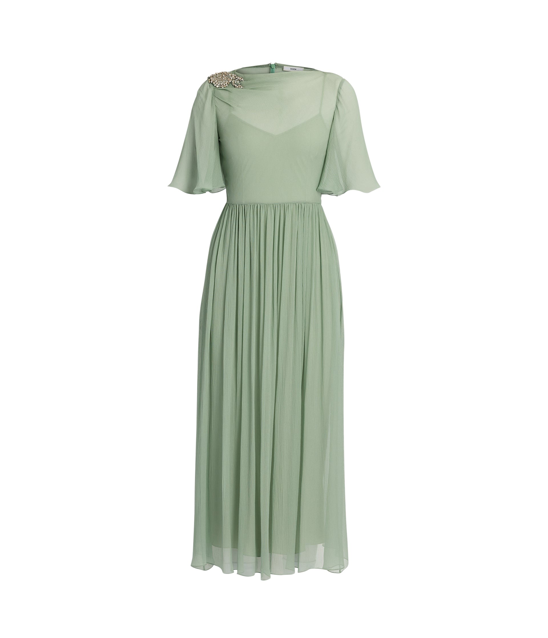 Erdem Embellished Silk Creponne Short Sleeve Midi Dress
