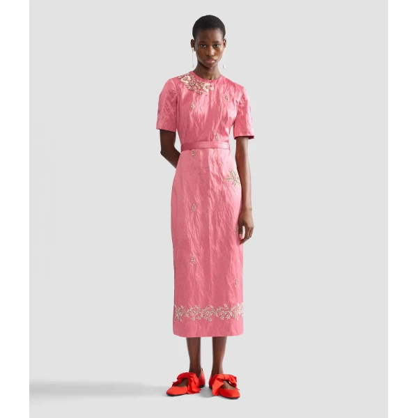 Erdem Embellished Textured Satin Midi Pencil Dress - Dresses - British Romantic Luxury at Coveti