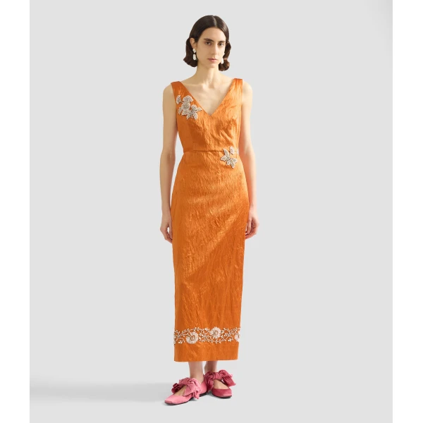 Erdem Embellished Textured Satin Midi Pencil Dress - Dresses - British Romantic Luxury at Coveti