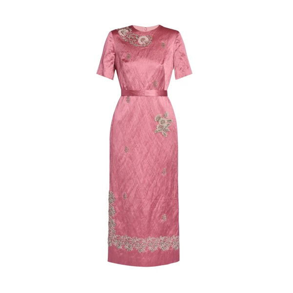 Erdem Embellished Textured Satin Midi Pencil Dress - Dresses - British Romantic Luxury at Coveti