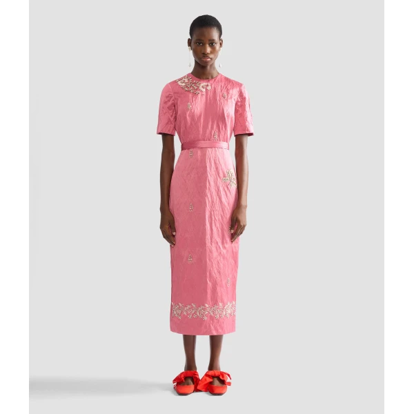 Erdem Embellished Textured Satin Midi Pencil Dress - Dresses - British Romantic Luxury at Coveti