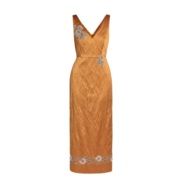 Erdem Embellished Textured Satin Midi Pencil Dress - Dresses - British Romantic Luxury at Coveti
