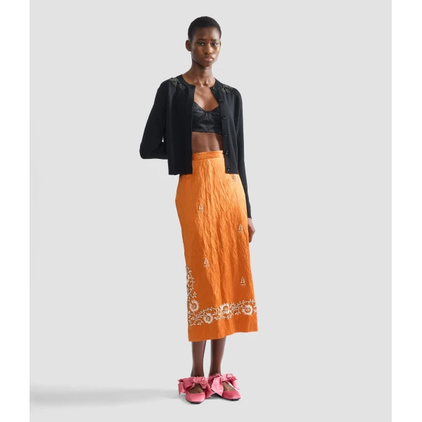 Erdem Embellished Textured Satin Midi Pencil Skirt - Skirts - British Romantic Luxury at Coveti