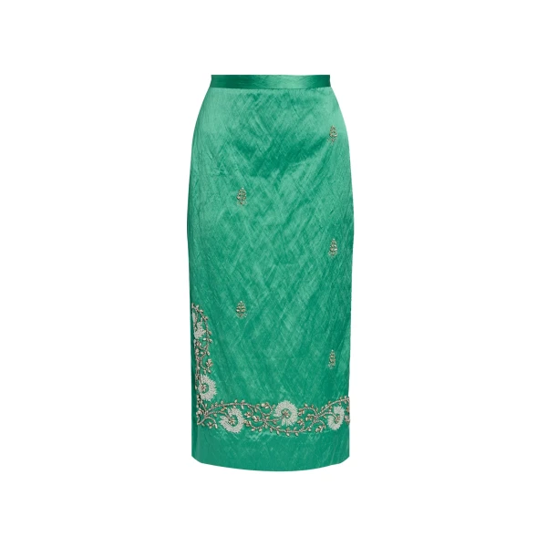 Erdem Embellished Textured Satin Midi Pencil Skirt - Skirts - British Romantic Luxury at Coveti