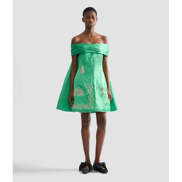 Erdem Embellished Textured Satin Off Shoulder Mini Dress - Dresses - British Romantic Luxury at Coveti