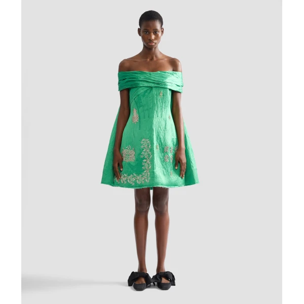 Erdem Embellished Textured Satin Off Shoulder Mini Dress - Dresses - British Romantic Luxury at Coveti