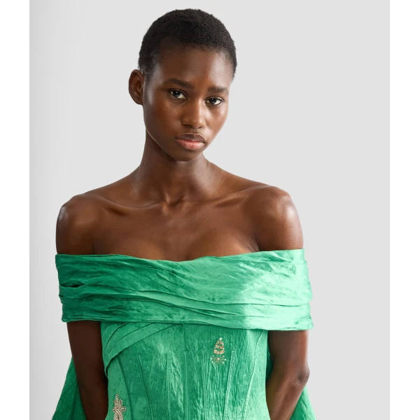 Erdem Embellished Textured Satin Off Shoulder Mini Dress - Dresses - British Romantic Luxury at Coveti