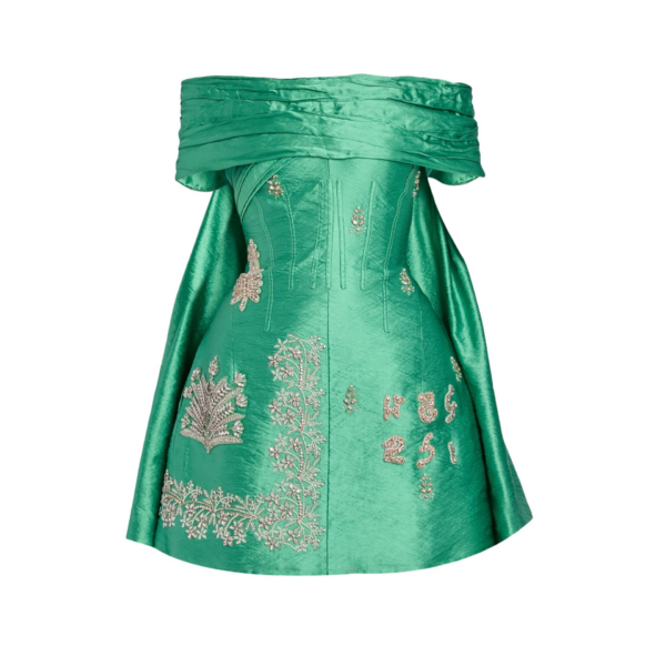 Erdem Embellished Textured Satin Off Shoulder Mini Dress - Dresses - British Romantic Luxury at Coveti