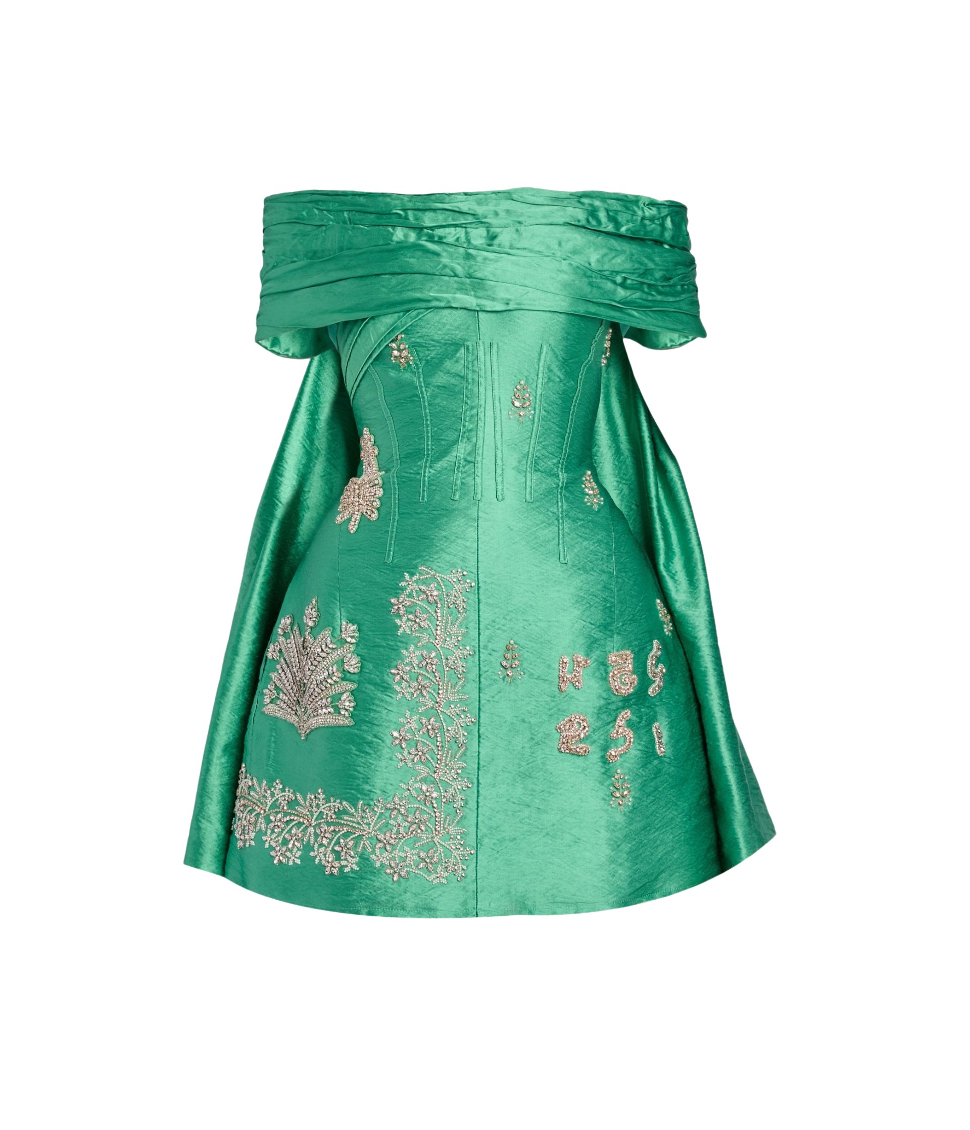 Erdem Embellished Textured Satin Off Shoulder Mini Dress