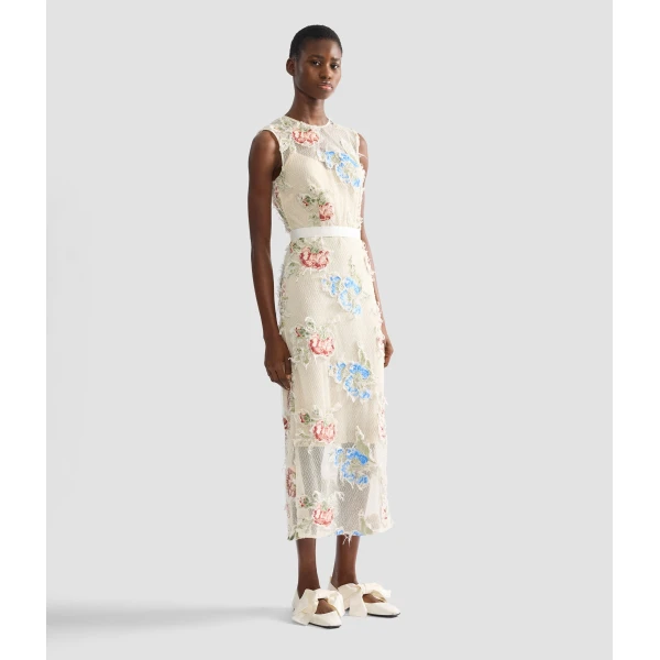 Erdem Embroidered Shredded Mesh Pencil Midi Dress - Dresses - British Romantic Luxury at Coveti