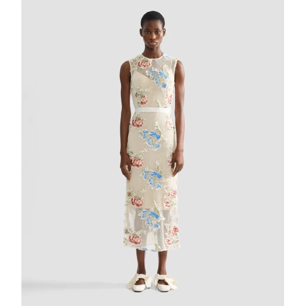 Erdem Embroidered Shredded Mesh Pencil Midi Dress - Dresses - British Romantic Luxury at Coveti