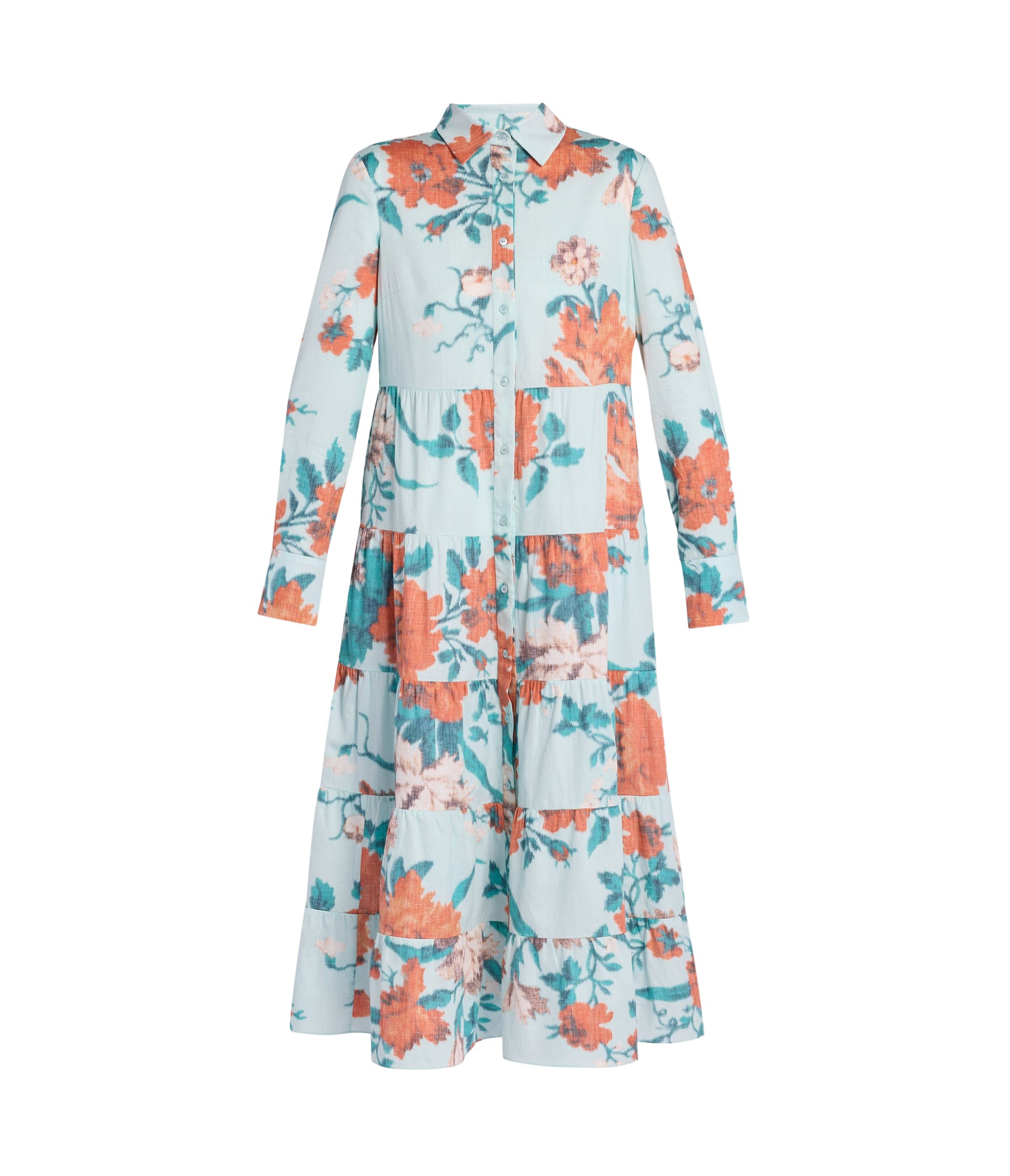 Erdem Floral Print Cotton Tiered Midi Shirt Dress
