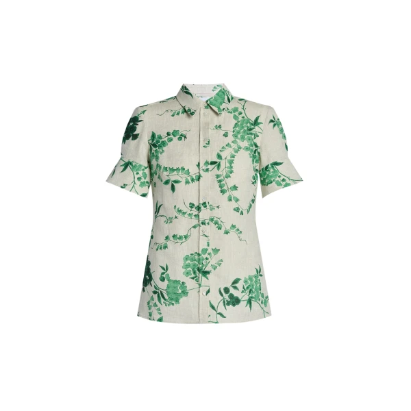 Erdem Floral Print Linen Short Sleeve Shirt - Tops - British Romantic Luxury at Coveti