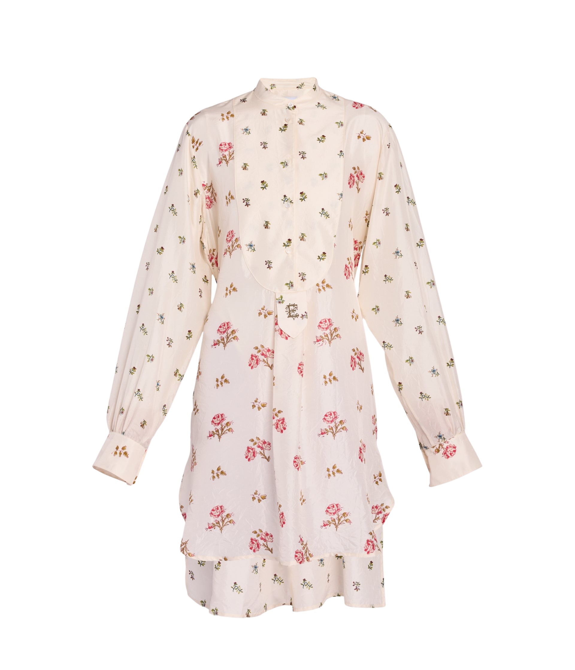 Erdem Floral Print Silk Long Sleeve Mini Shirt Dress
