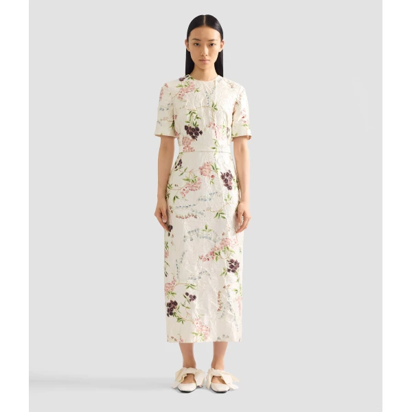 Erdem Floral Print Textured Satin Midi Pencil Dress - Dresses - British Romantic Luxury at Coveti
