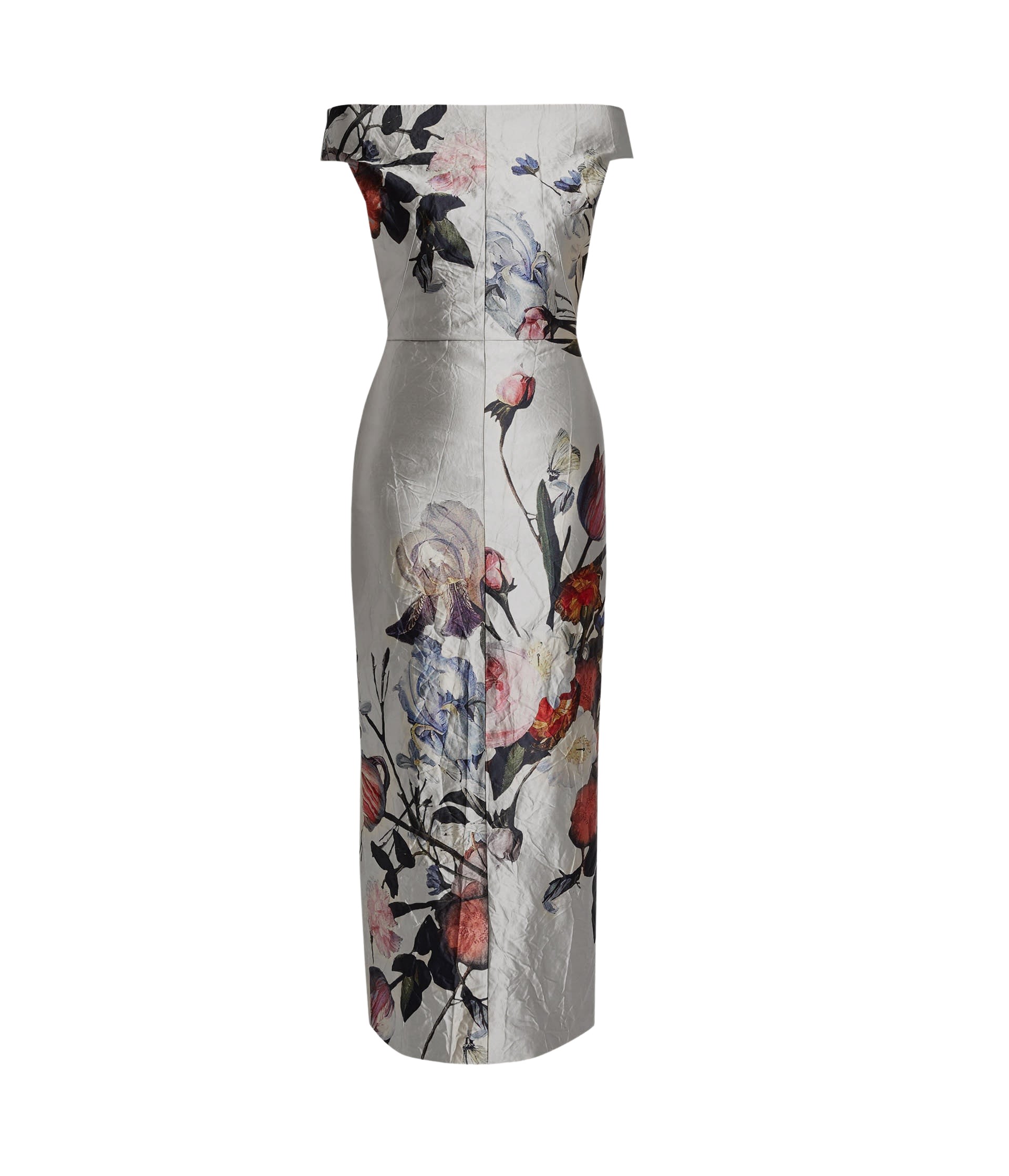 Erdem Floral Print Textured Satin Off The Shoulder Gown
