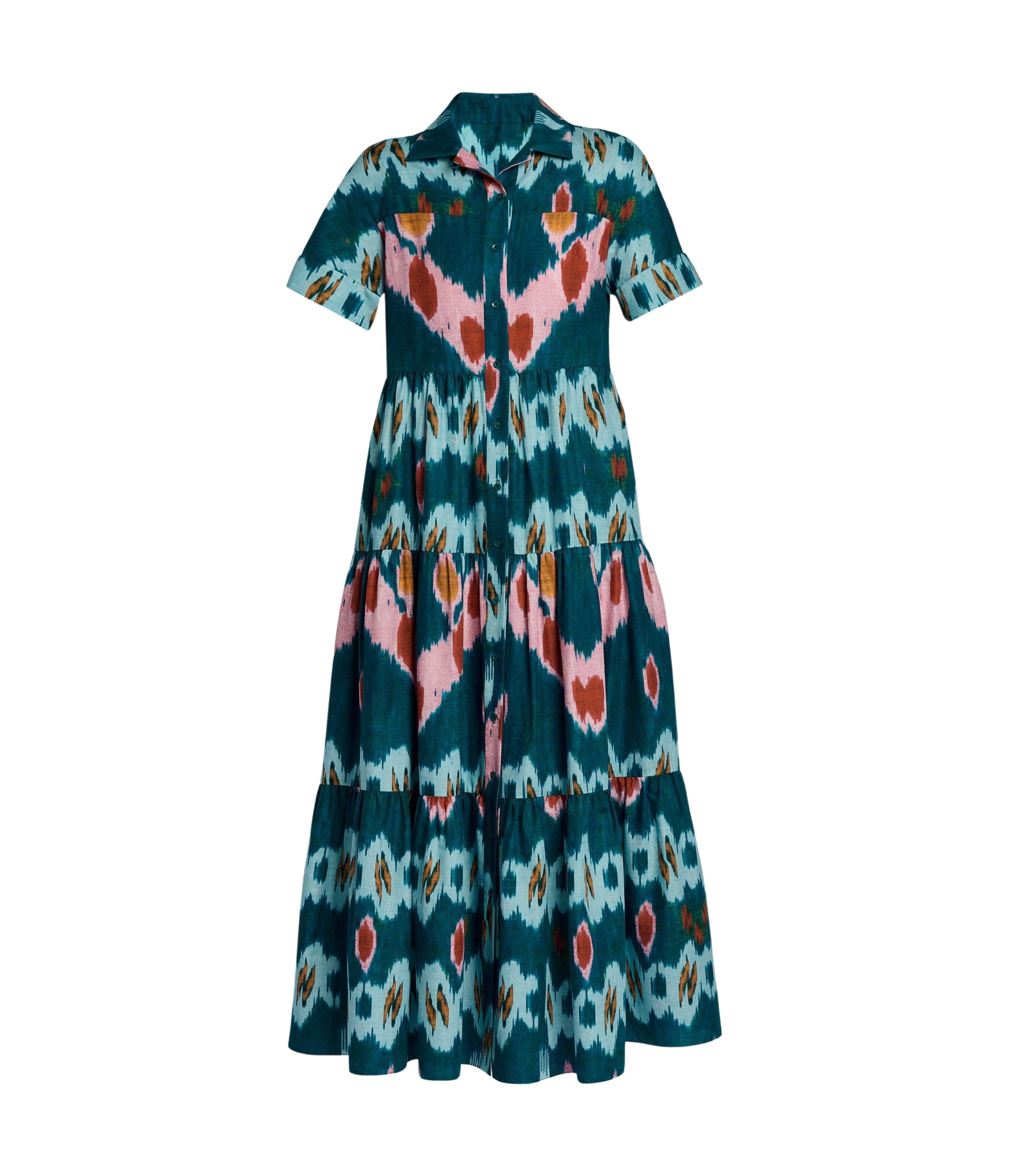 Erdem Ikat Print Cotton Tiered Midi Shirt Dress