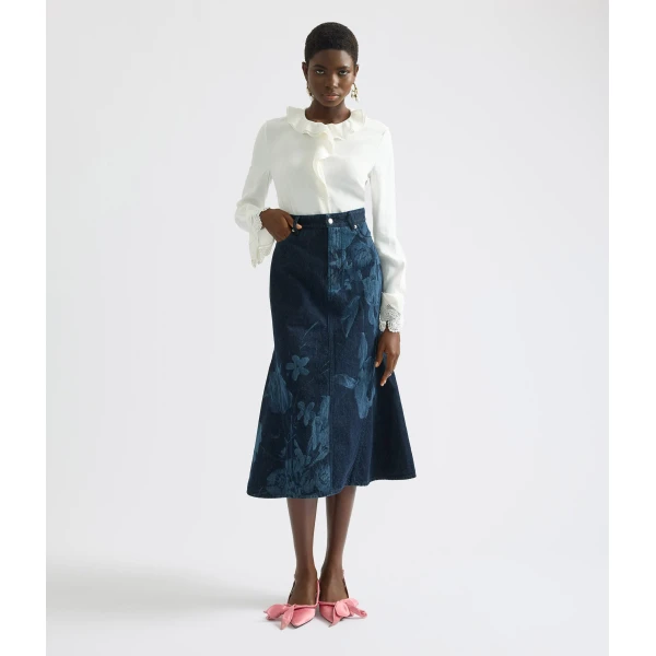 Erdem Printed Denim Flared Midi Skirt - Skirts - British Romantic Luxury at Coveti