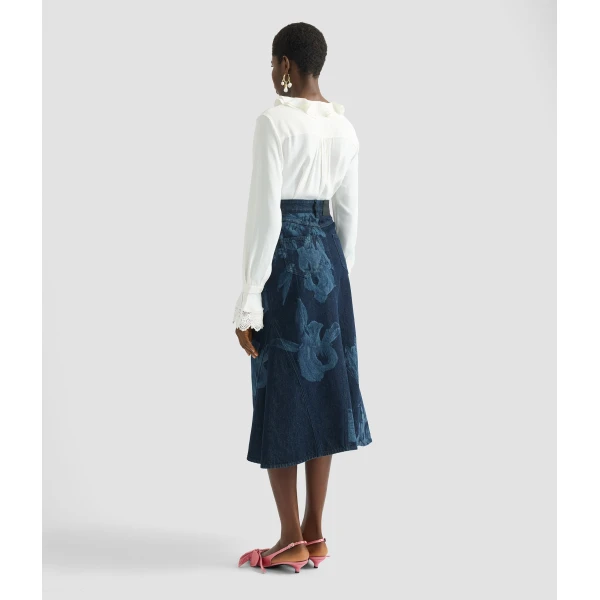 Erdem Printed Denim Flared Midi Skirt - Skirts - British Romantic Luxury at Coveti