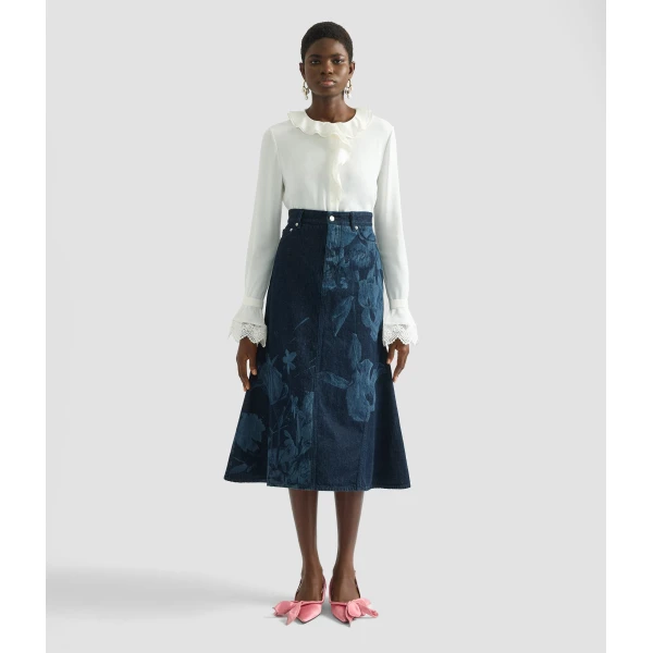 Erdem Printed Denim Flared Midi Skirt - Skirts - British Romantic Luxury at Coveti