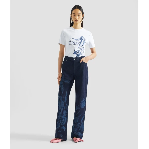 Erdem Printed Denim Straight Trouser - Pants - British Romantic Luxury at Coveti