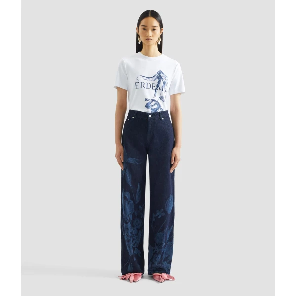 Erdem Printed Denim Straight Trouser - Pants - British Romantic Luxury at Coveti