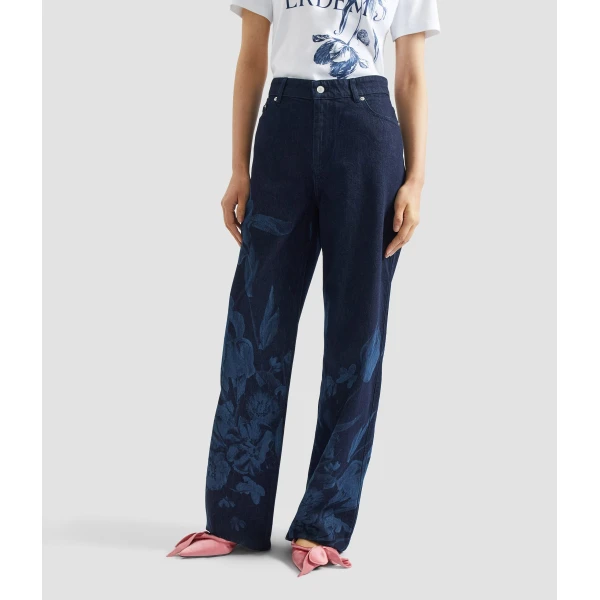 Erdem Printed Denim Straight Trouser - Pants - British Romantic Luxury at Coveti