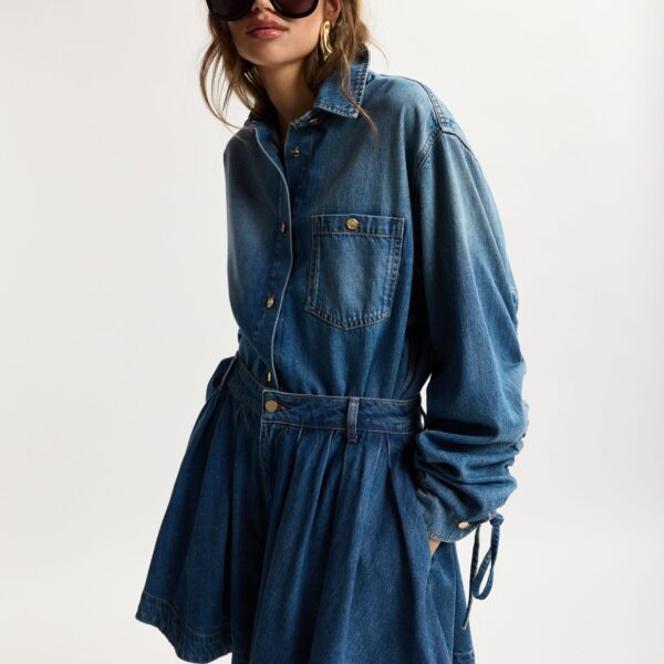 Essentiel Antwerp Blue Oversized Denim Shirt With Sleeve Drawstrings - Essentiel Antwerp Tops - Colorful Belgian Design - Shop at Coveti