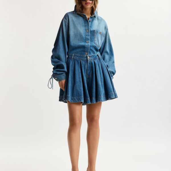 Essentiel Antwerp Blue Oversized Denim Shirt With Sleeve Drawstrings - Essentiel Antwerp Tops - Colorful Belgian Design - Shop at Coveti
