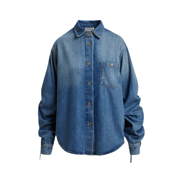 Essentiel Antwerp Blue Oversized Denim Shirt With Sleeve Drawstrings - Essentiel Antwerp Tops - Colorful Belgian Design - Shop at Coveti