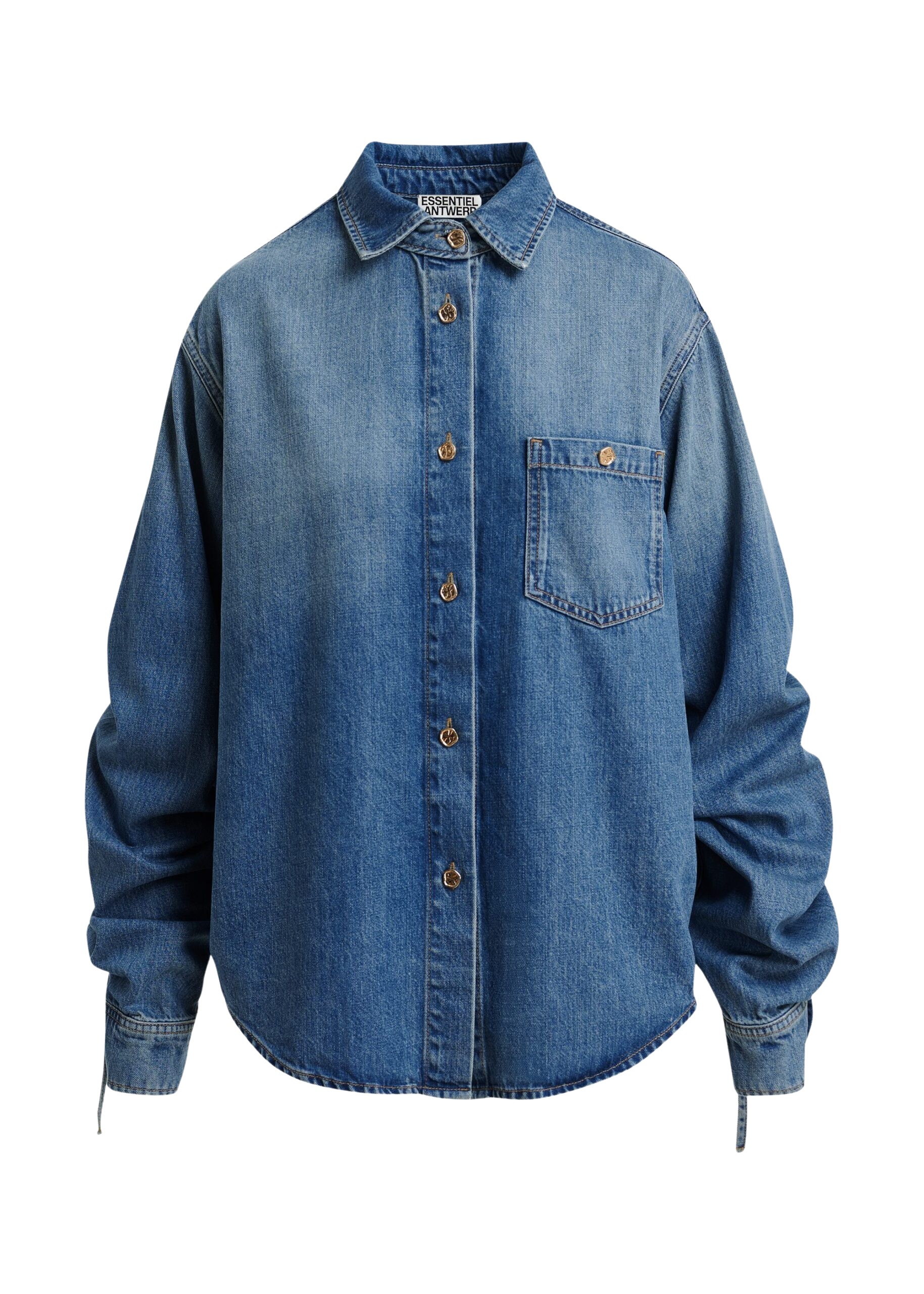 Essentiel Antwerp Blue Oversized Denim Shirt With Sleeve Drawstrings - Essentiel Antwerp Tops - Colorful Belgian Design - Shop at Coveti