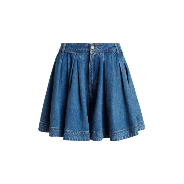 Essentiel Antwerp Blue Pleated Denim Shorts In Organic Cotton - Essentiel Antwerp Shorts - Colorful Belgian Design - Shop at Coveti