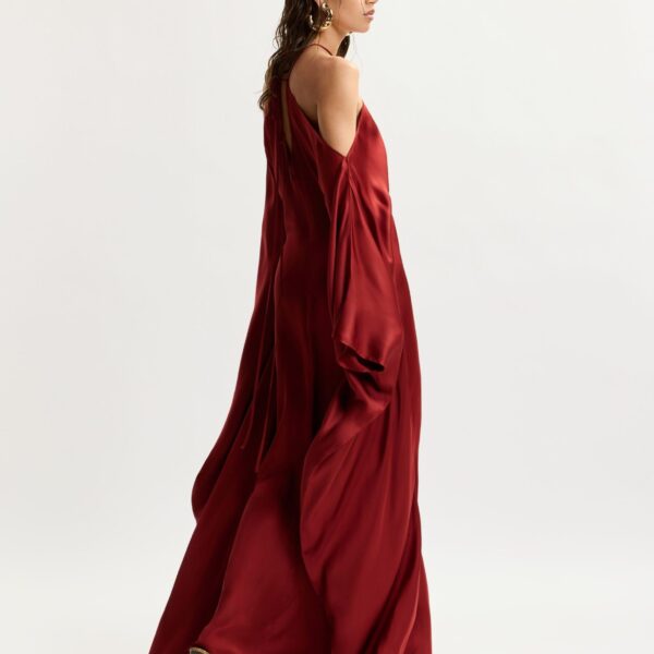 Essentiel Antwerp Burgundy Halterneck Maxi Dress With Waterfall Sides - Essentiel Antwerp Dresses - Colorful Belgian Design - Shop at Coveti