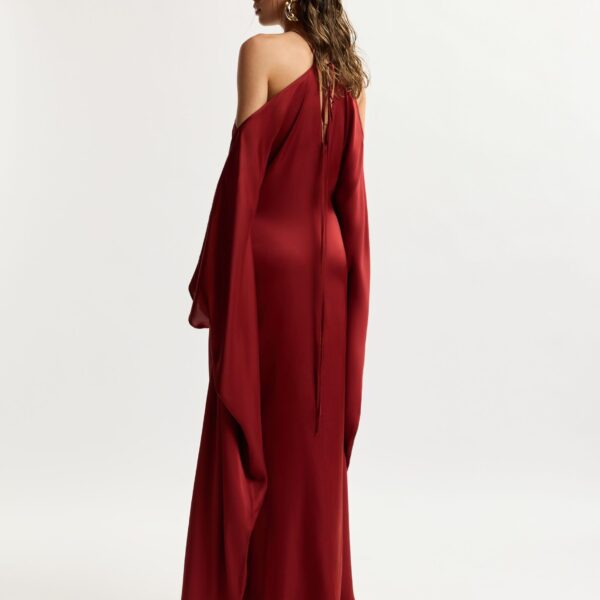 Essentiel Antwerp Burgundy Halterneck Maxi Dress With Waterfall Sides - Essentiel Antwerp Dresses - Colorful Belgian Design - Shop at Coveti