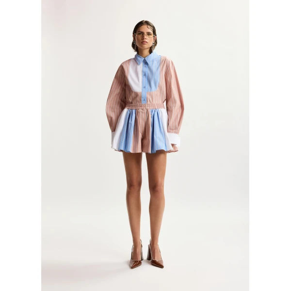 Essentiel Antwerp Camel, Light Blue And White Striped Cotton Shorts With Elasticated Waistband, view 2