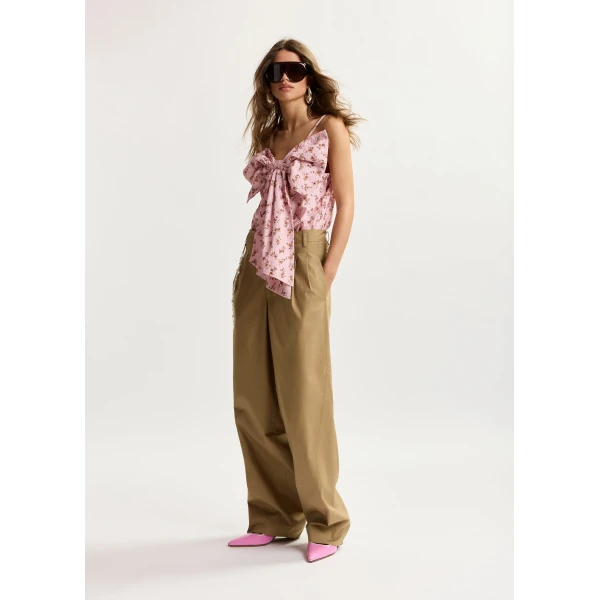 Essentiel Antwerp Camel Tapered-Leg Cotton Pants With Detachable Pearl Belt, view 3