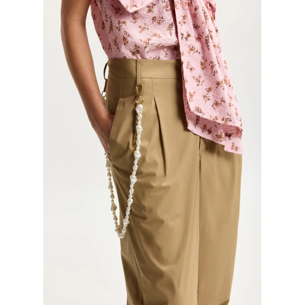 Essentiel Antwerp Camel Tapered-Leg Cotton Pants With Detachable Pearl Belt, view 4