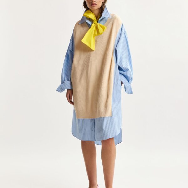 Essentiel Antwerp Cream And Light Blue Knit-Panel Oversized Shirt Dress - Essentiel Antwerp Dresses - Colorful Belgian Design - Shop at Coveti